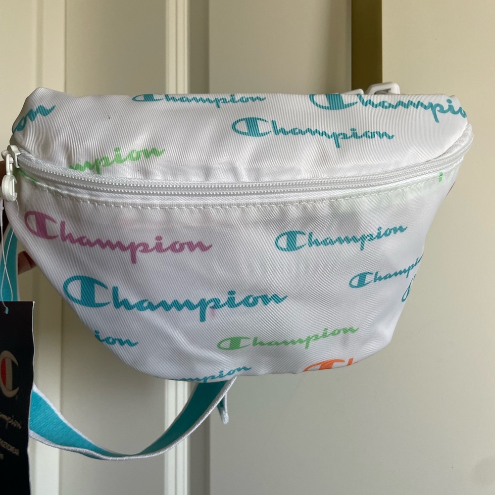 Champion White Logo Print Waist Pack with Teal, Pink, Lime and Orange Accents
